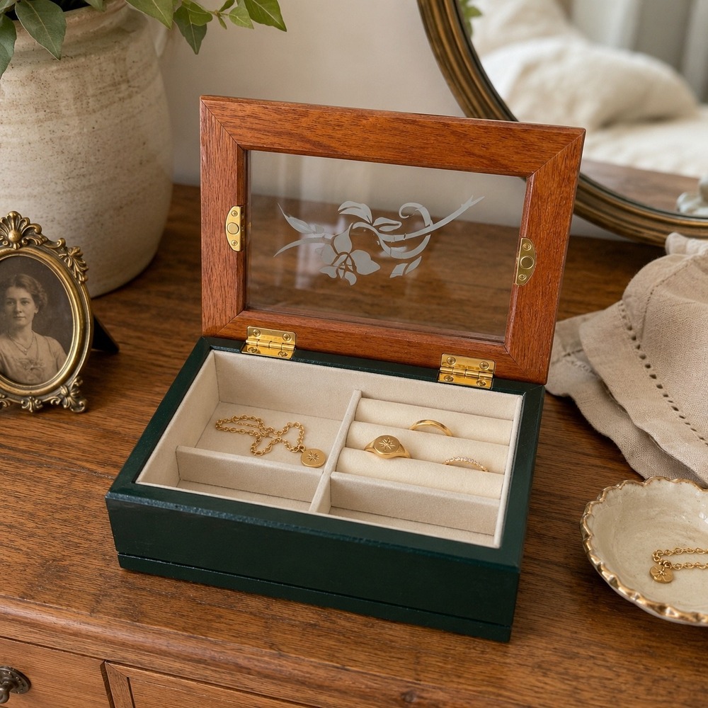 Vintage Glass Top‎ Jewelry Box Wood Keepsake Box Ring Storage Vanity Decor
